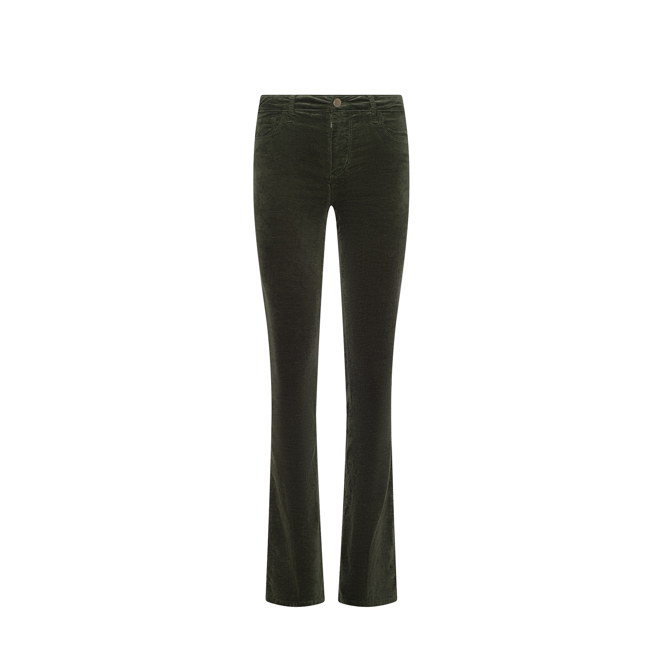 The Stevie Velvet Jean in dark green features a high rise, fitted waist, straight leg cut, and a slight flare at the hem, displayed against a white background.