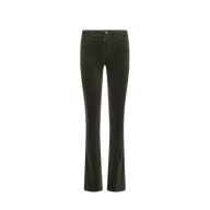 The Stevie Velvet Jean in dark green features a high rise, fitted waist, straight leg cut, and a slight flare at the hem, displayed against a white background.