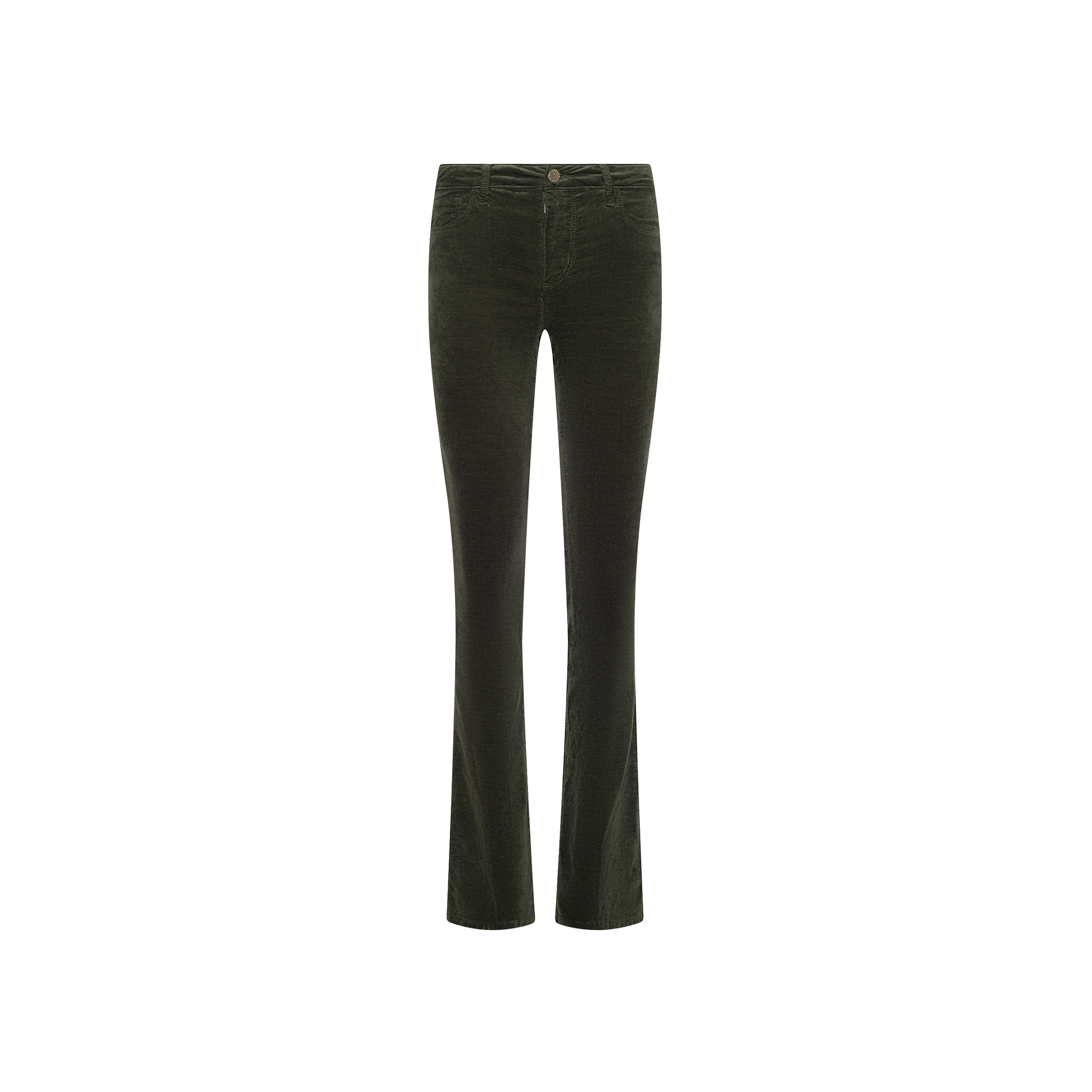 The Stevie Velvet Jean features a high rise and stretch velvet fabric in dark green, with a flared leg, button closure, and front pockets, displayed on a white background.