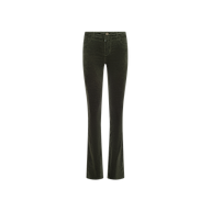 The Stevie Velvet Jean features a high rise and stretch velvet fabric in dark green, with a flared leg, button closure, and front pockets, displayed on a white background.