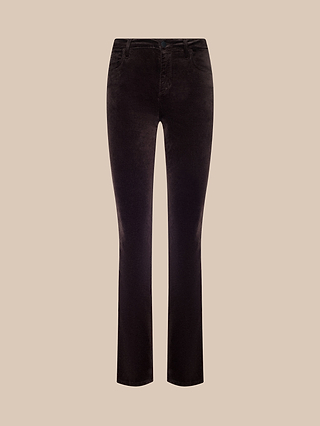 A pair of Stevie Velvet Jeans in dark java brown, featuring a slim straight leg cut, displayed against a plain beige background.