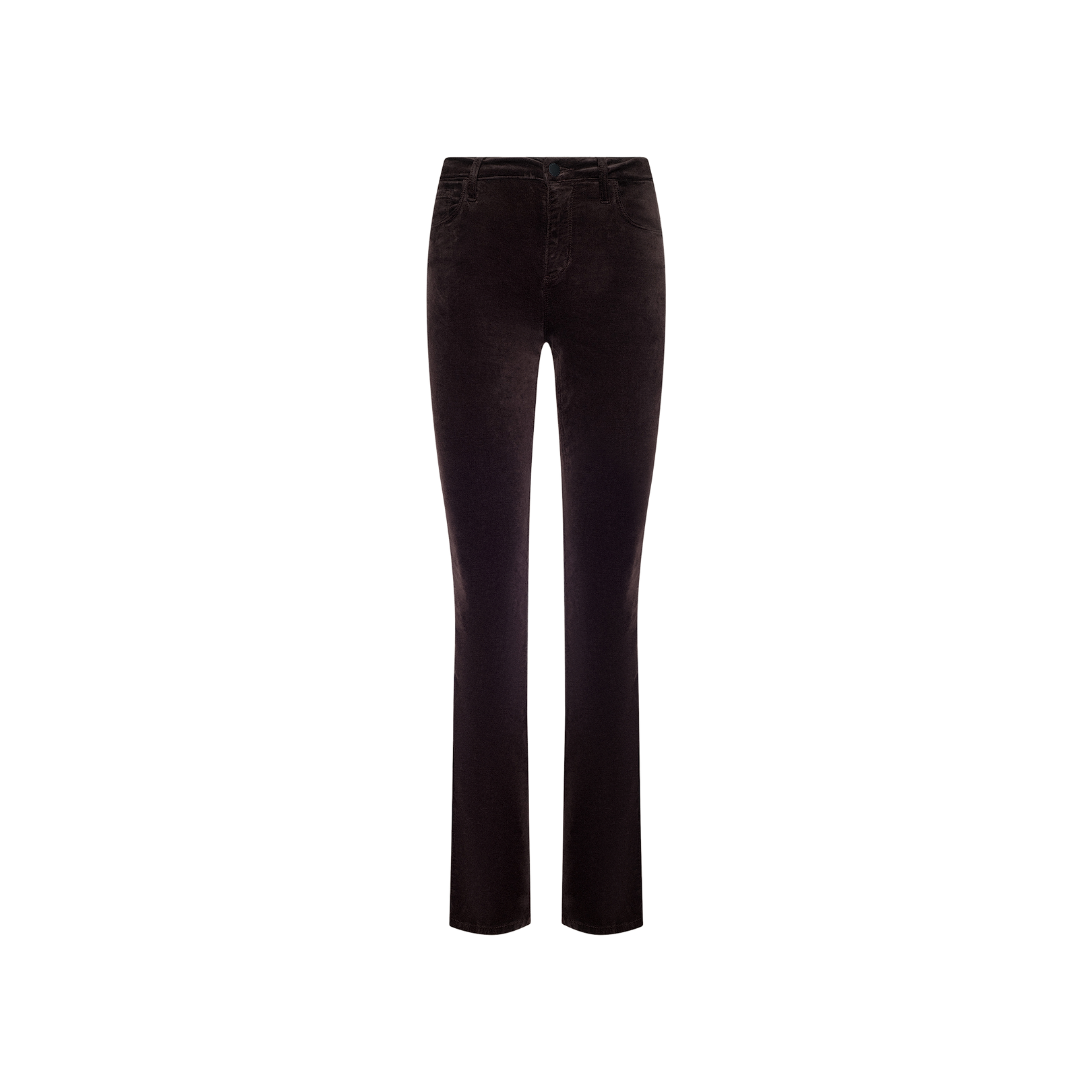 A pair of Stevie Velvet Jean high-waisted, slim straight leg pants in dark java brown is displayed against a plain white background.