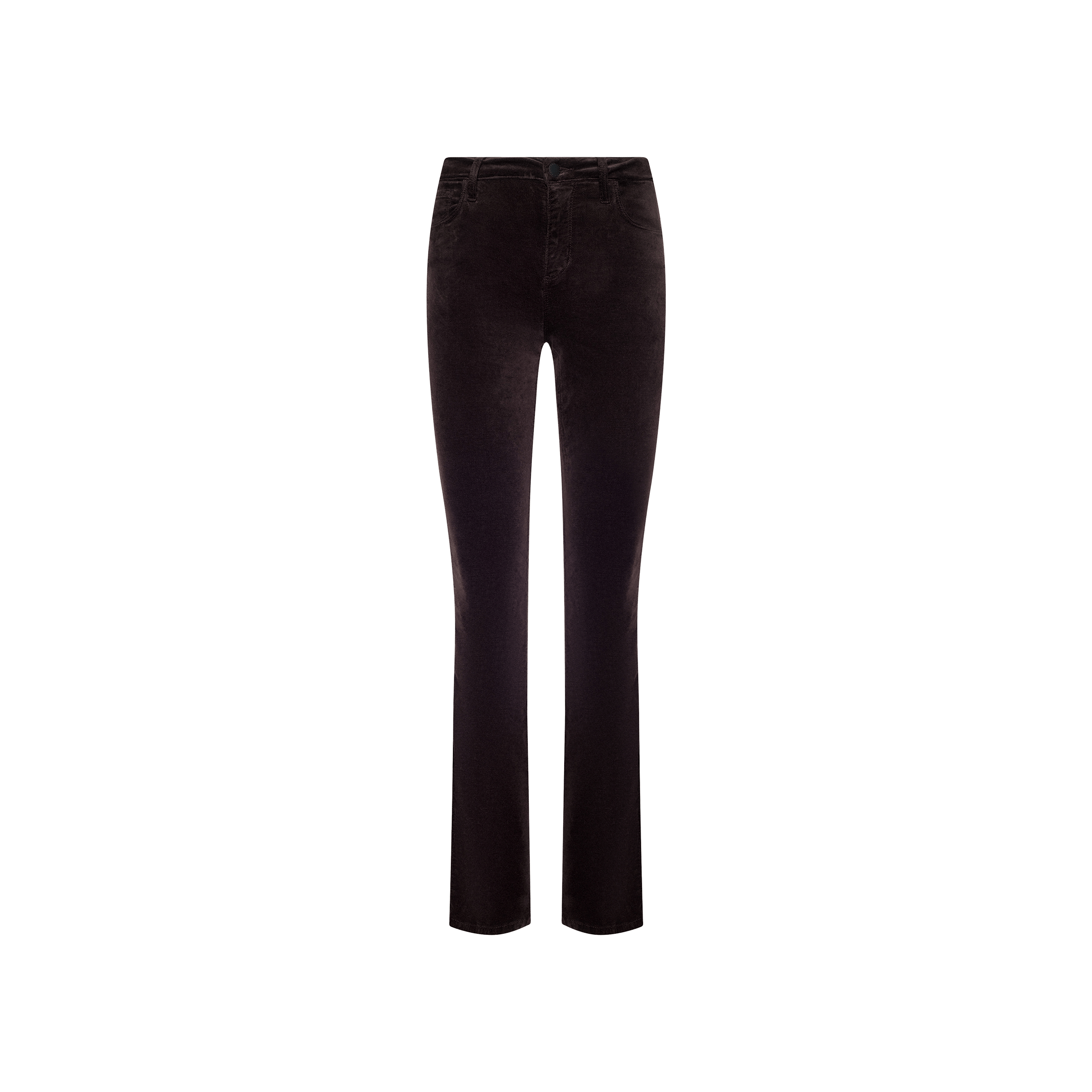A pair of Stevie Velvet Jean high-waisted, slim straight leg pants in dark java brown is displayed against a plain white background.