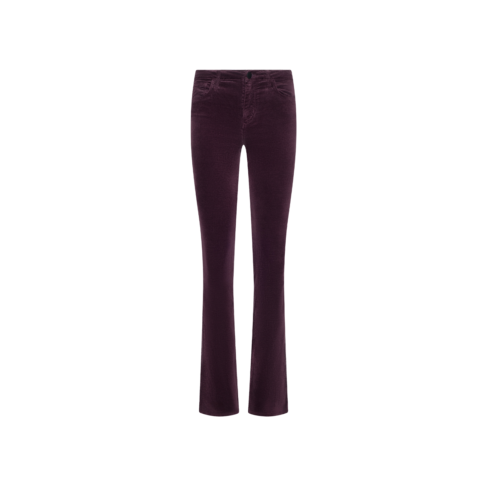 The Stevie Velvet Jean is a pair of plum-colored stretch velvet jeans featuring a fitted waist, button and zip closure, and slightly flared legs, displayed on a white background.