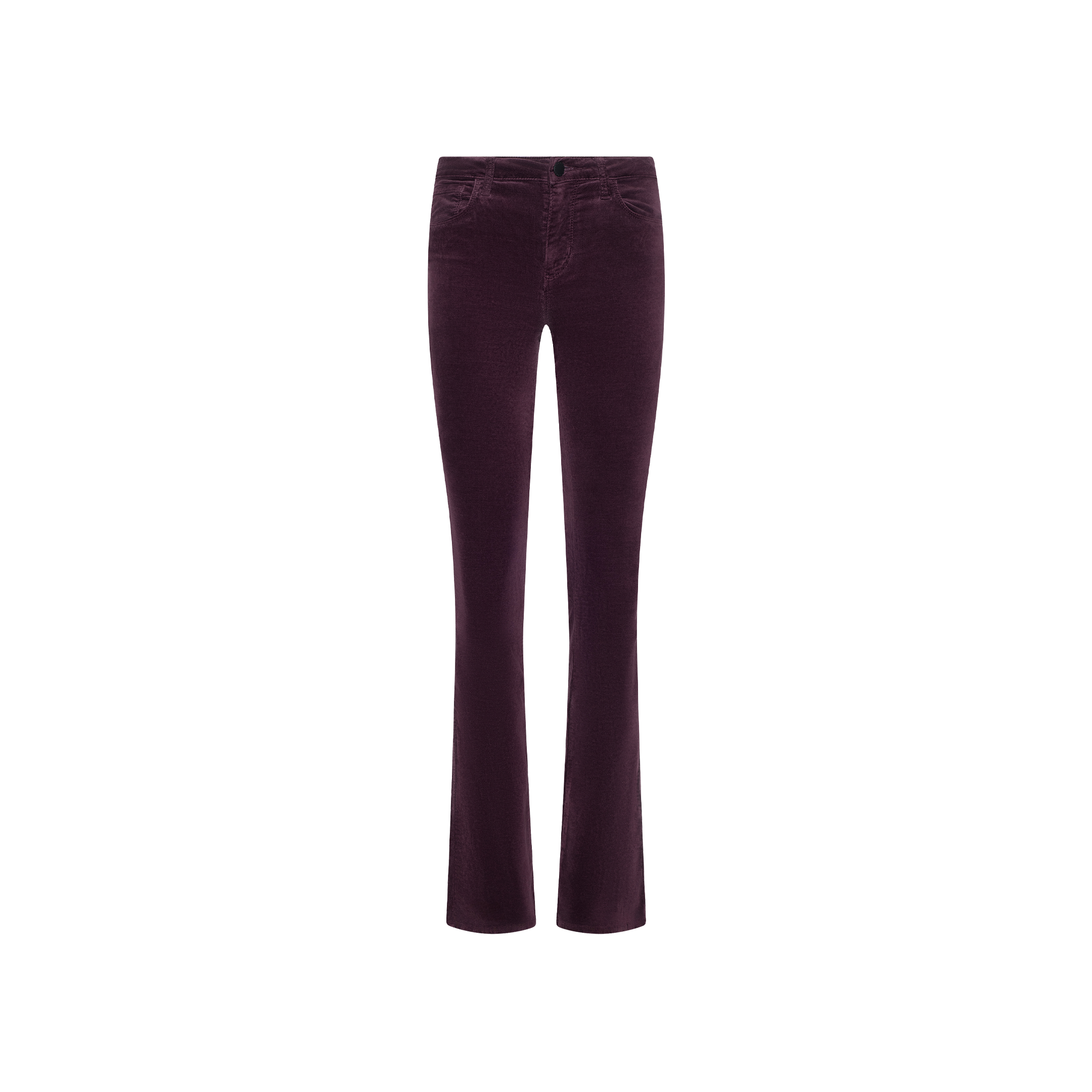 The Stevie Velvet Jean is a pair of plum-colored stretch velvet jeans featuring a fitted waist, button and zip closure, and slightly flared legs, displayed on a white background.