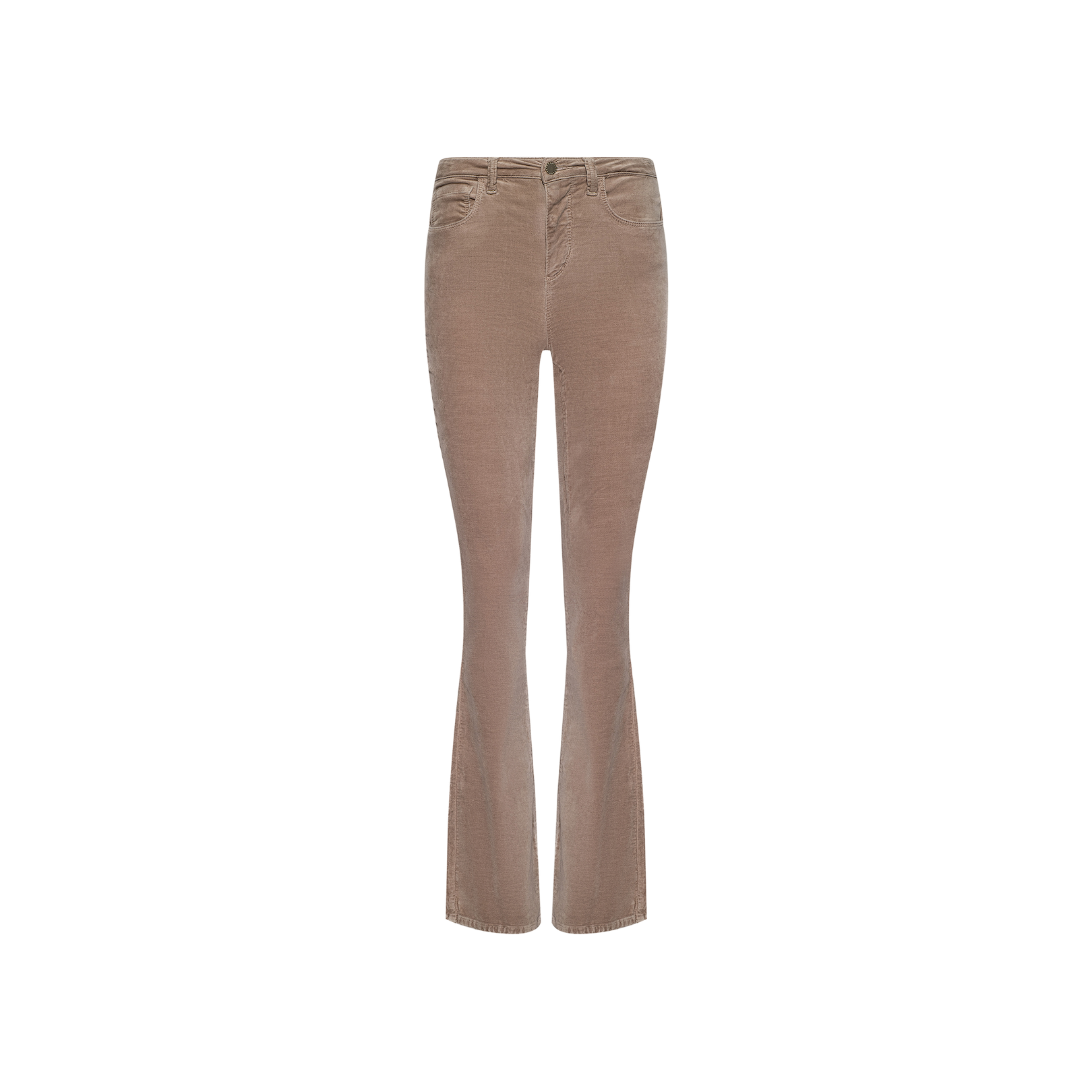 Stevie Velvet Jean in a high-rise, light brown design with a straight leg silhouette and slight flare at the ankles, shown against a white background.