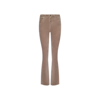 Stevie Velvet Jean in taupe displayed against a white background. Featuring a high rise and classic five-pocket design, these pants offer a flattering silhouette with a fitted waist and secure button and zipper closure.
