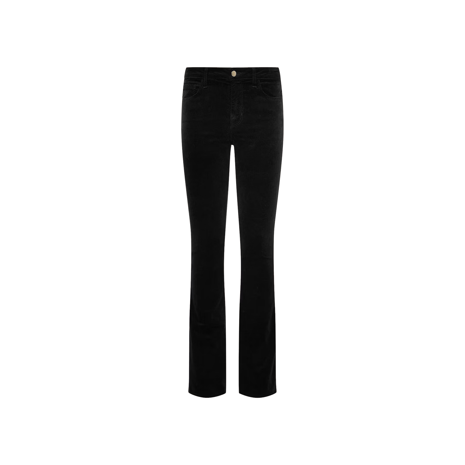 The Stevie Velvet Jean features a straight-leg fit, mid-rise waist, front button closure, and both front and back pockets, shown here in black on a plain white background.