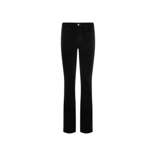 Stevie Velvet Jean in black, featuring a bootcut silhouette with a fitted waist, belt loops, and front pockets, crafted from stretch velvet denim and displayed against a plain white background.