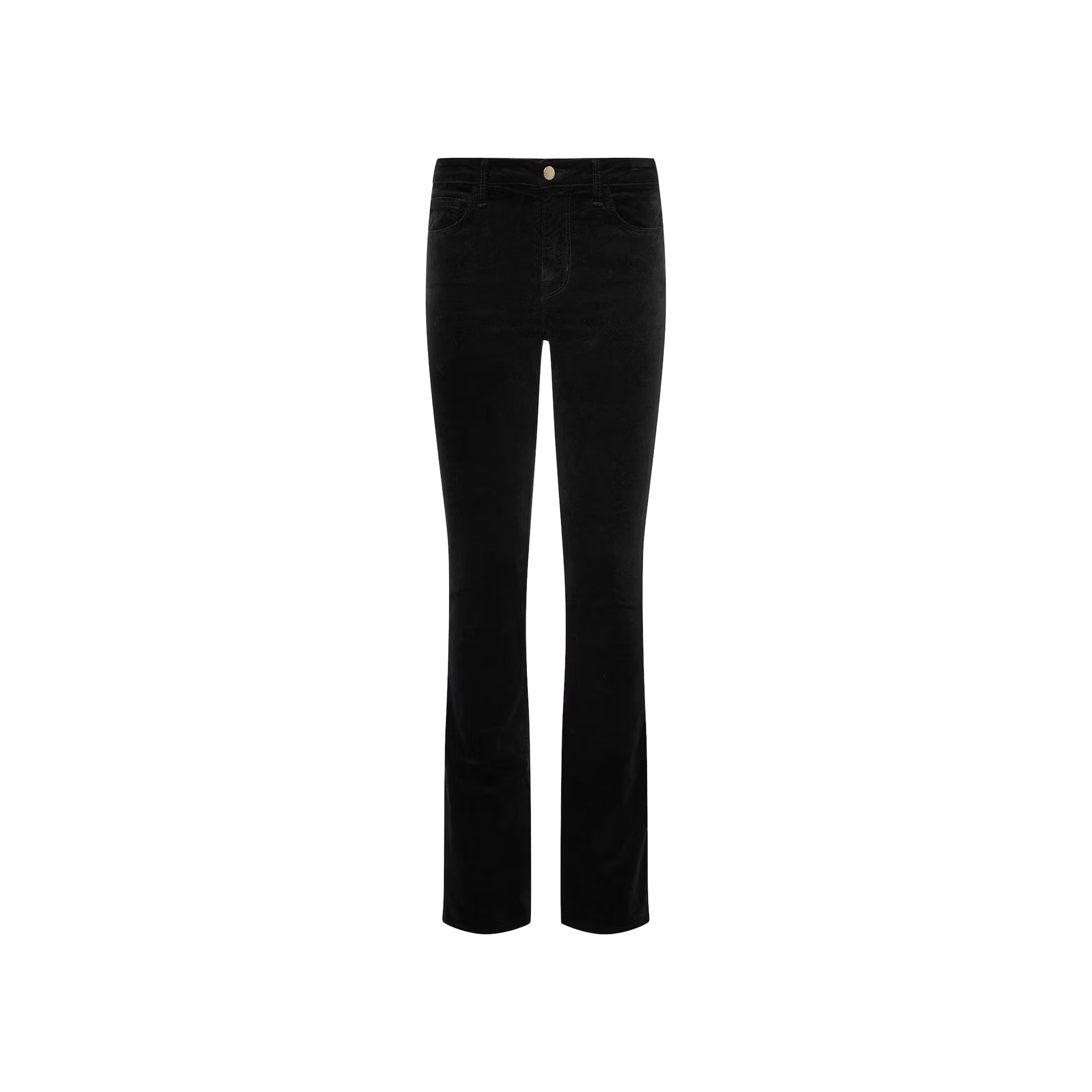 The Stevie Velvet Jean features a straight-leg fit, mid-rise waist, front button closure, and both front and back pockets, shown here in black on a plain white background.
