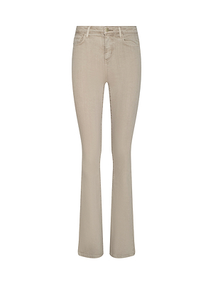 Selma Bootcut Jean in beige stretch denim with a classic five-pocket design, contoured waistband, belt loops, and button-zipper closure, displayed against a plain white background.