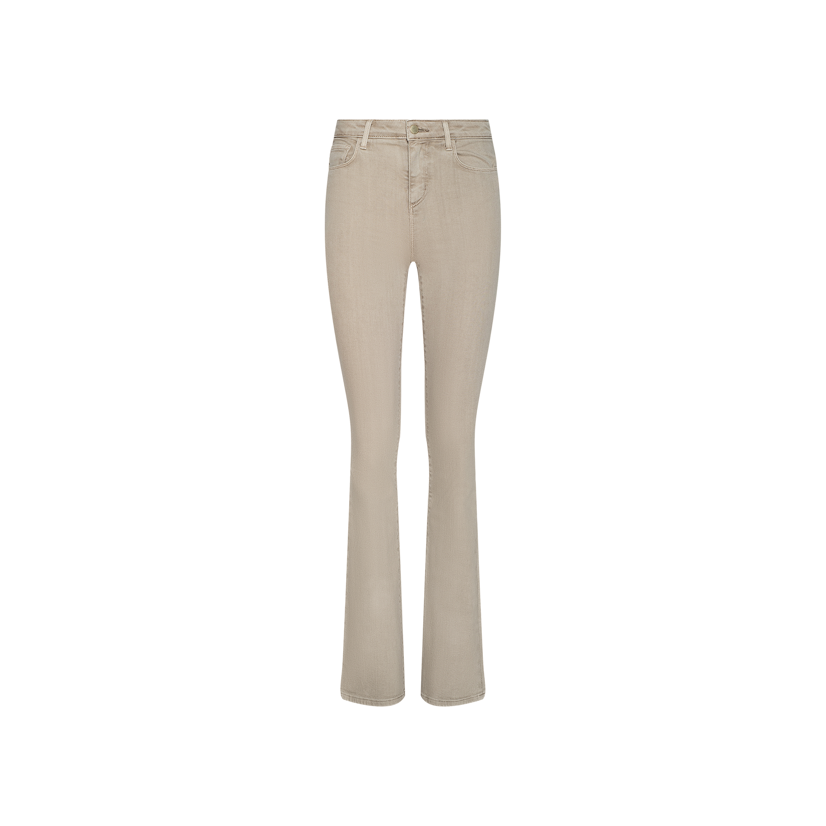 The Selma Bootcut Jean, crafted from beige stretch denim, features a high waist with a contoured waistband, front and back pockets, and visible stitching. The jeans are displayed on a plain white background.