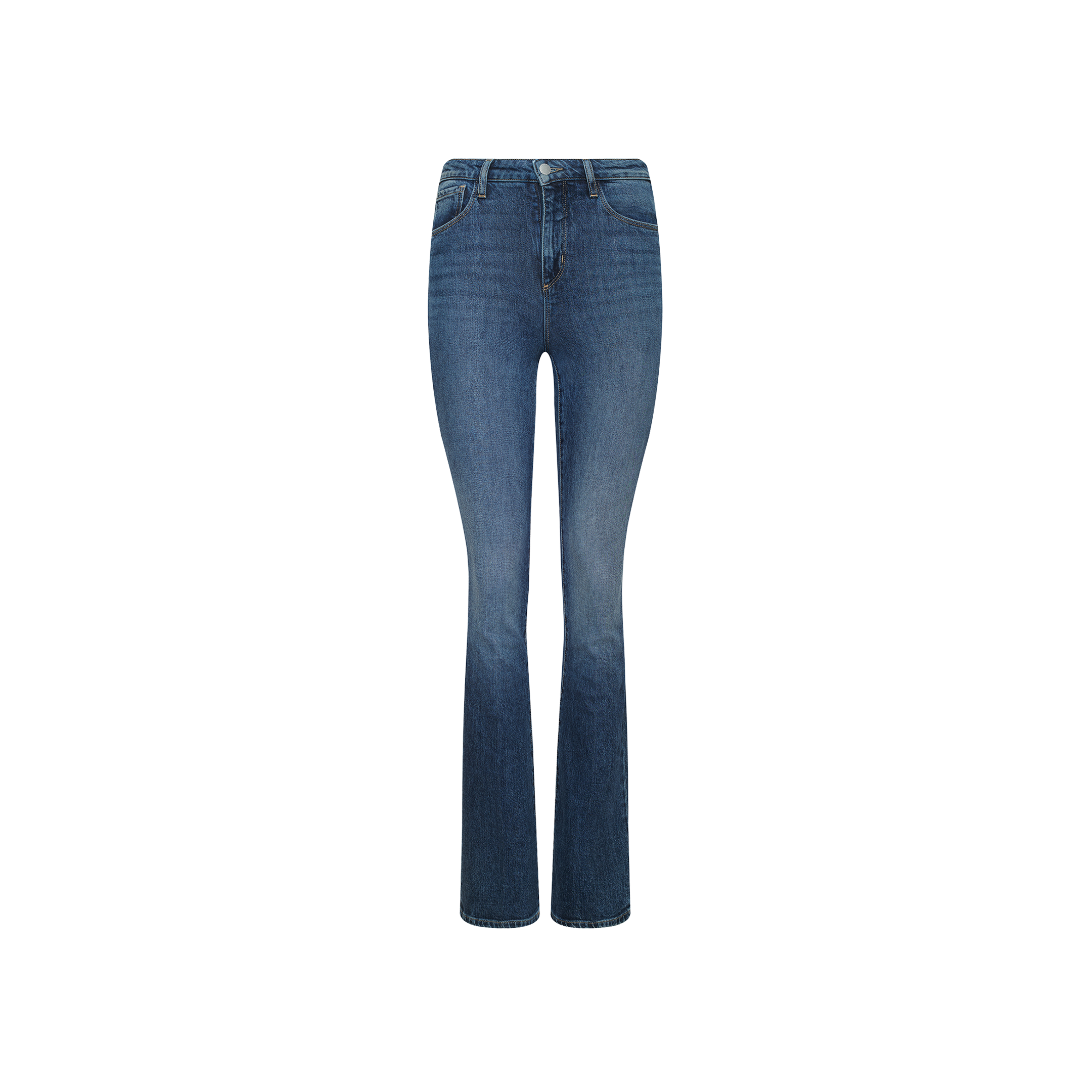 The Selma Bootcut Jean, a pair of blue high rise bootcut jeans crafted from stretch denim, is displayed against a plain white background.