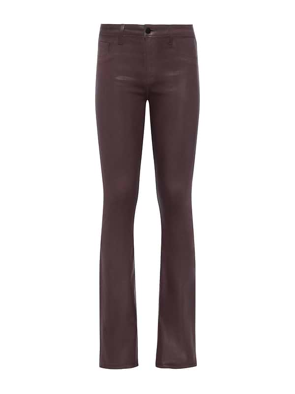 The Selma Coated Bootcut Jean by L'AGENCE features a chocolate brown hue, fitted straight-leg, front and back pockets, belt loops, and a button waist closure, shown against a white background.