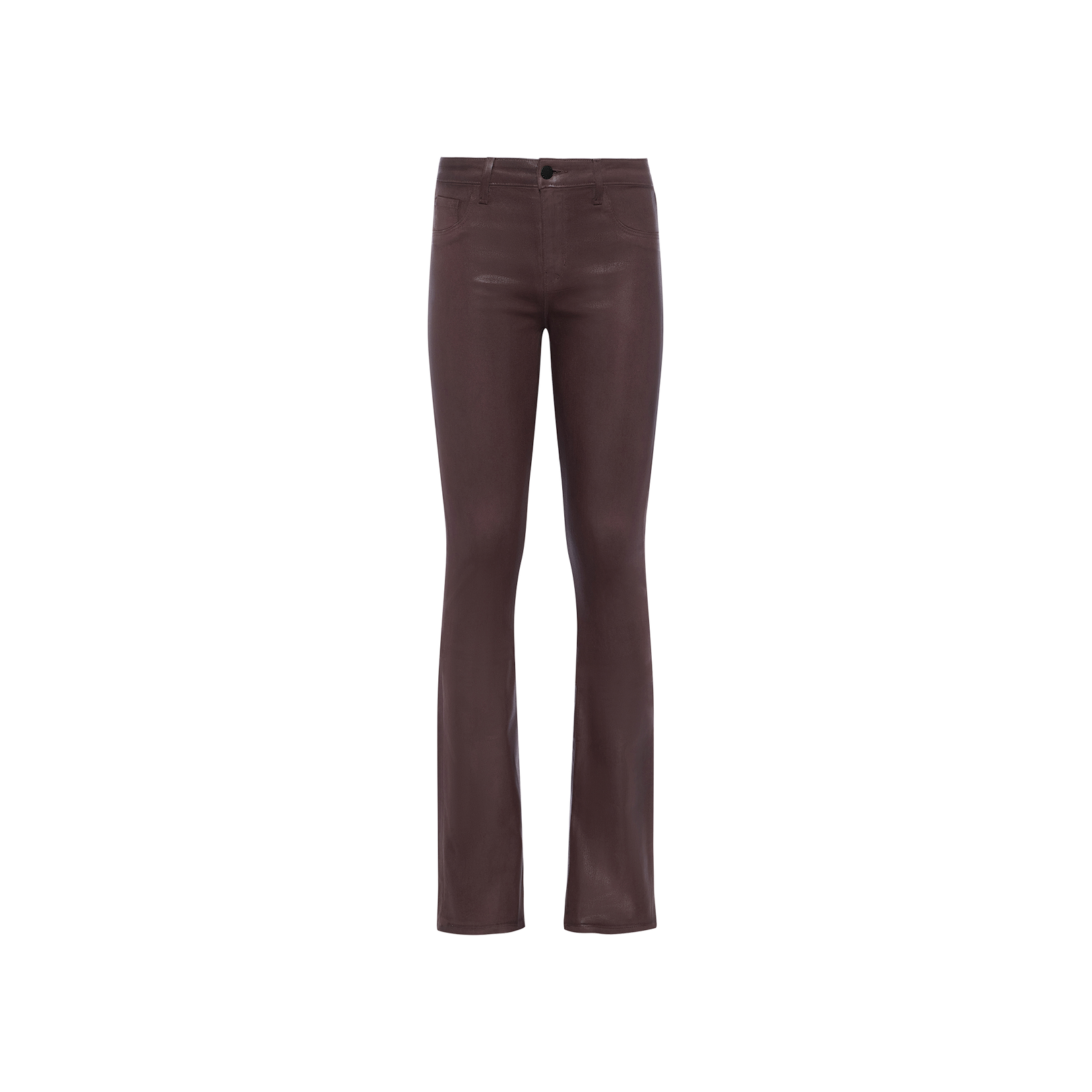 Selma Coated Bootcut Jean in chocolate brown, featuring a classic five-pocket design and button closure at the waist, shown against a plain white background.
