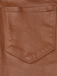 Close-up of a brown Selma Coated Bootcut Jean pocket, crafted from leather-alternative denim with visible detailed stitching and texture. The empty pocket is centered in the image.