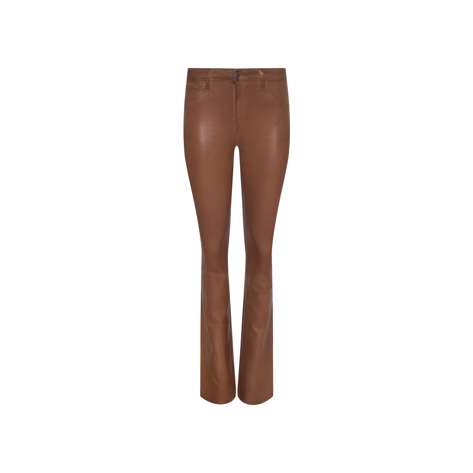 The Selma Coated Bootcut Jean is a high-rise, brown leather pant with a front button and zipper closure and a straight leg cut reminiscent of classic bootcut jeans, displayed on a white background.
