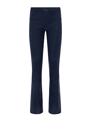 The L'AGENCE Selma Coated Bootcut Jean is a pair of dark blue, high-rise jeans with a slim fit, slight flare at the hem, front and back pockets, and button closure.