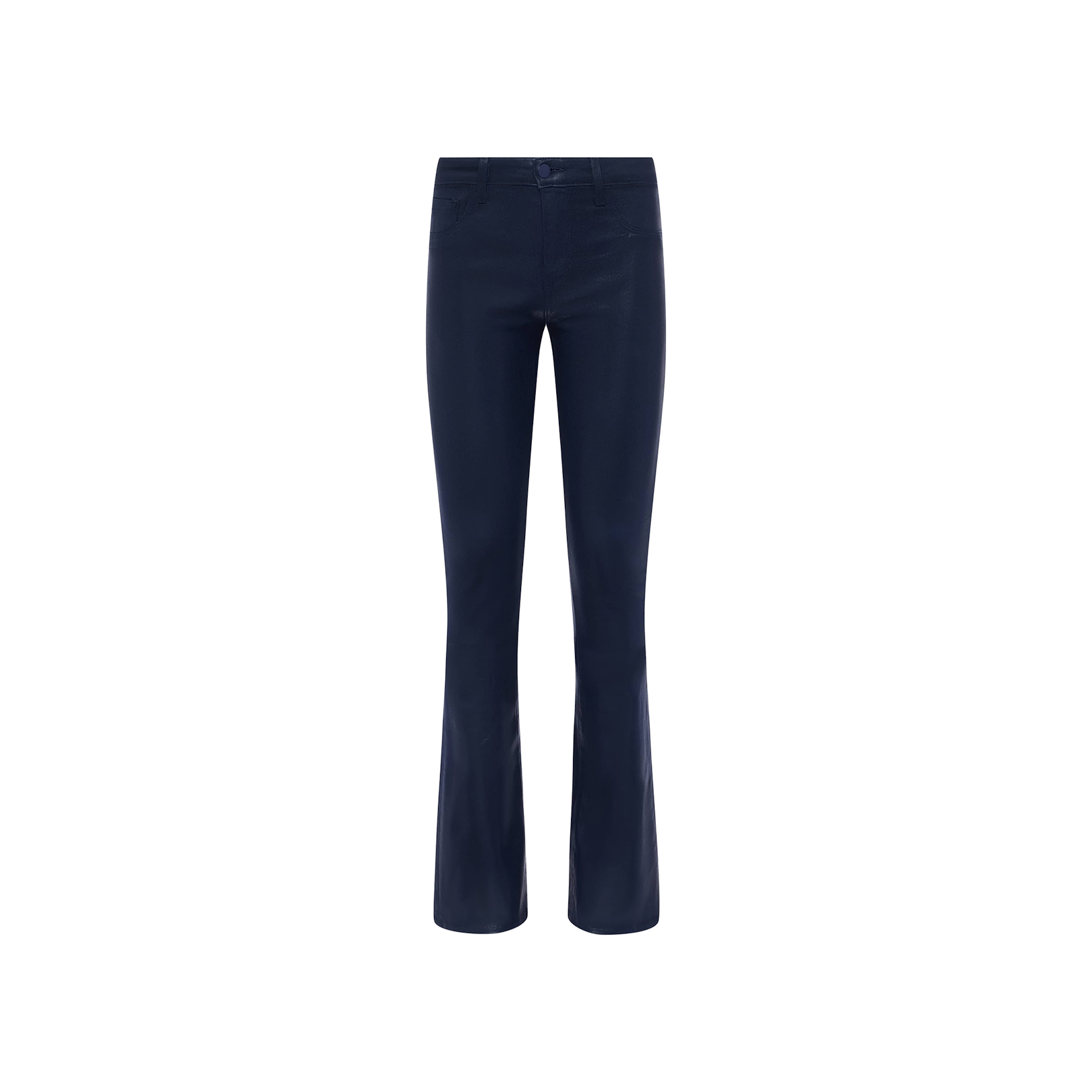 Selma Coated Bootcut Jean in navy blue, featuring a high-rise and modern bootcut silhouette, displayed from the front on a plain white background with a smooth, unembellished finish. Crafted from coated denim for a contemporary update on the classic style.