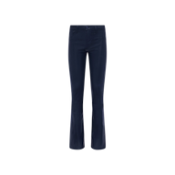 Selma Coated Bootcut Jean in dark blue, featuring a high-rise fit, baby bootcut silhouette, leather-alternative coated denim construction, front pockets, and button closure, displayed on a plain white background.