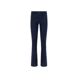 Selma Coated Bootcut Jean in navy blue, featuring a high-rise and modern bootcut silhouette, displayed from the front on a plain white background with a smooth, unembellished finish. Crafted from coated denim for a contemporary update on the classic style.
