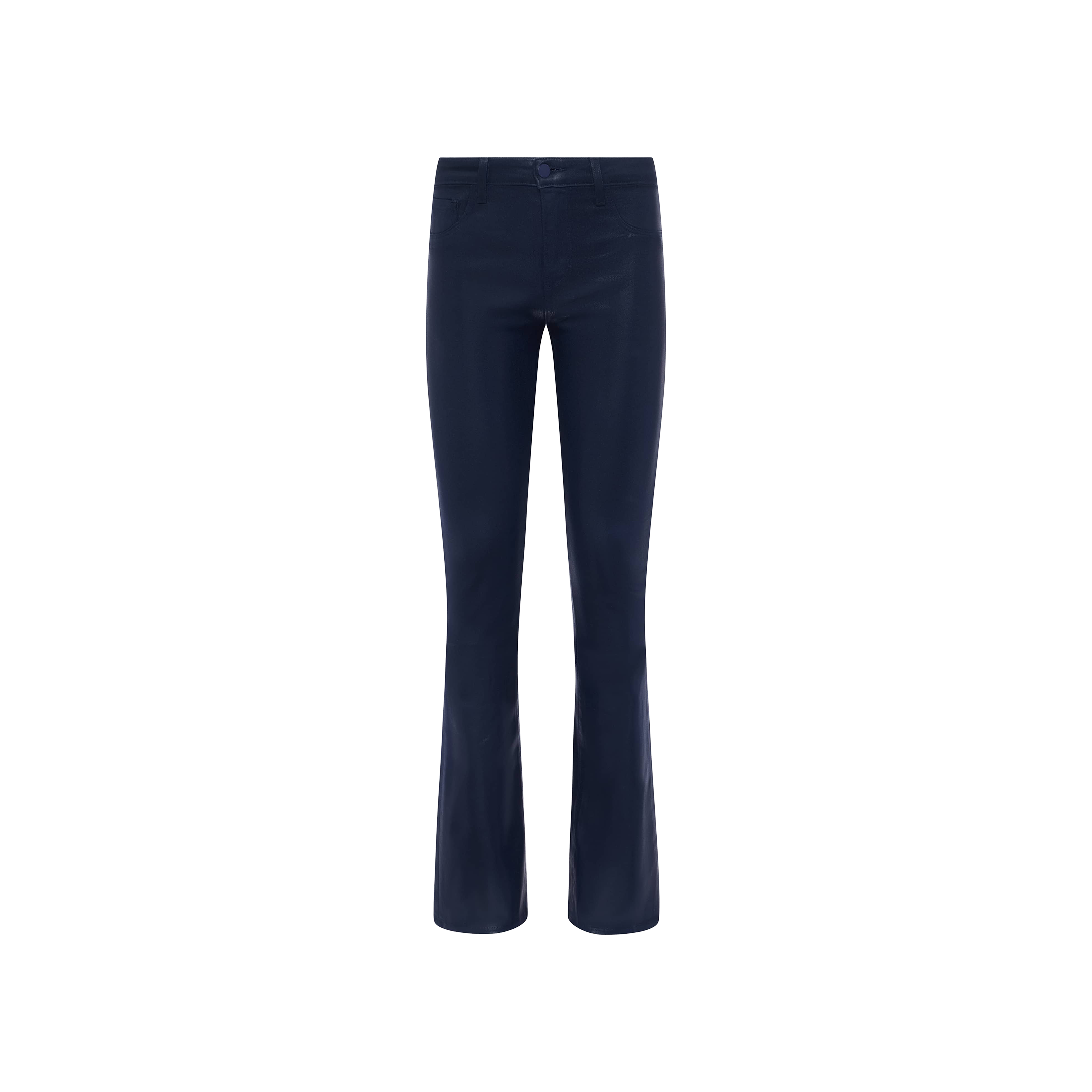 Selma Coated Bootcut Jean in dark blue, featuring a high-rise fit, baby bootcut silhouette, leather-alternative coated denim construction, front pockets, and button closure, displayed on a plain white background.