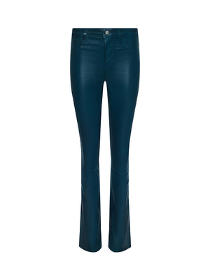 The Selma Coated Bootcut Jean by L'AGENCE features teal leather-like denim in a slim fit with a subtle bootcut flare, button and zip closure, plus front and back pockets, displayed against a plain white background.