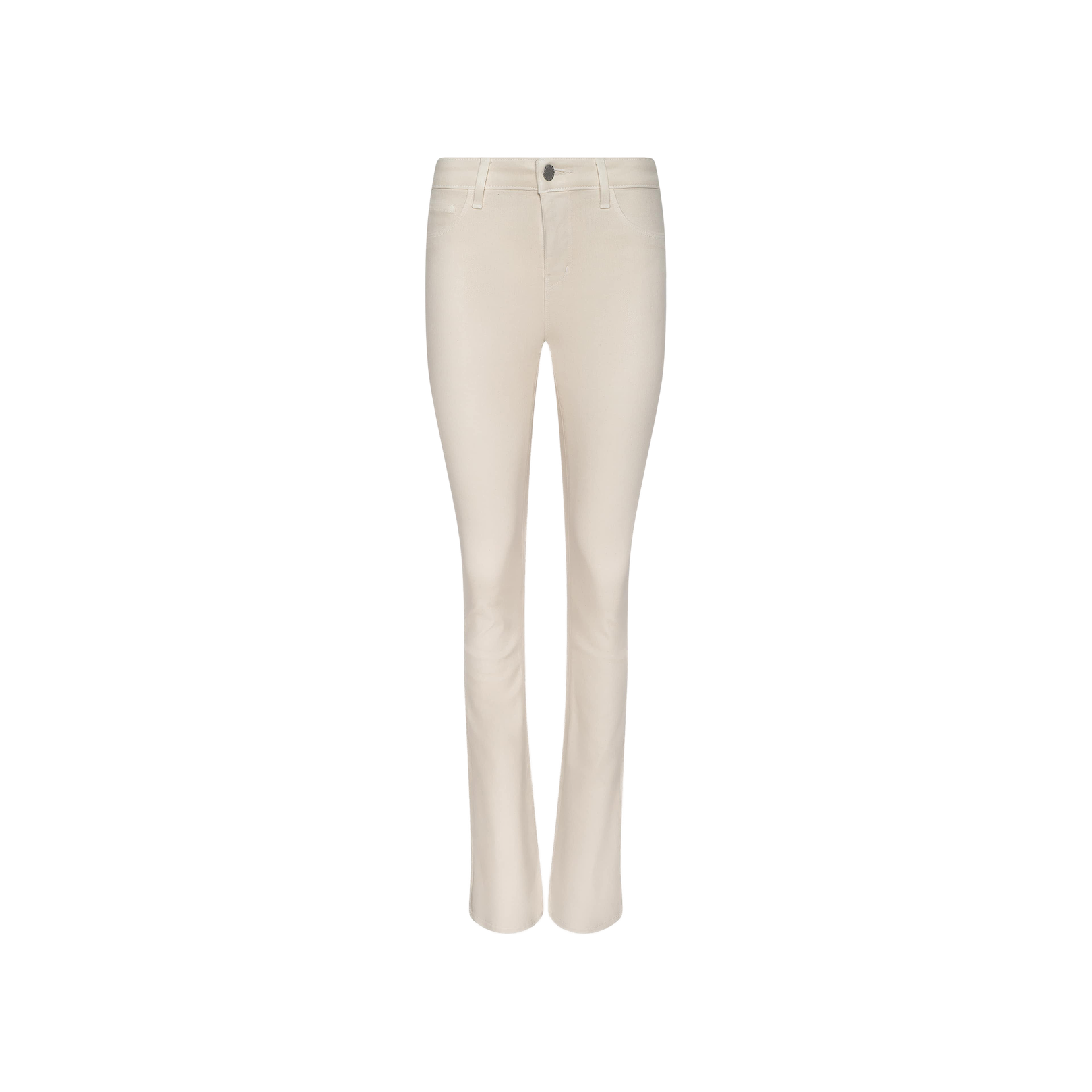 Selma Coated Bootcut Jeans featuring a button and zip closure and a sleek leather-look finish, displayed against a plain white background.