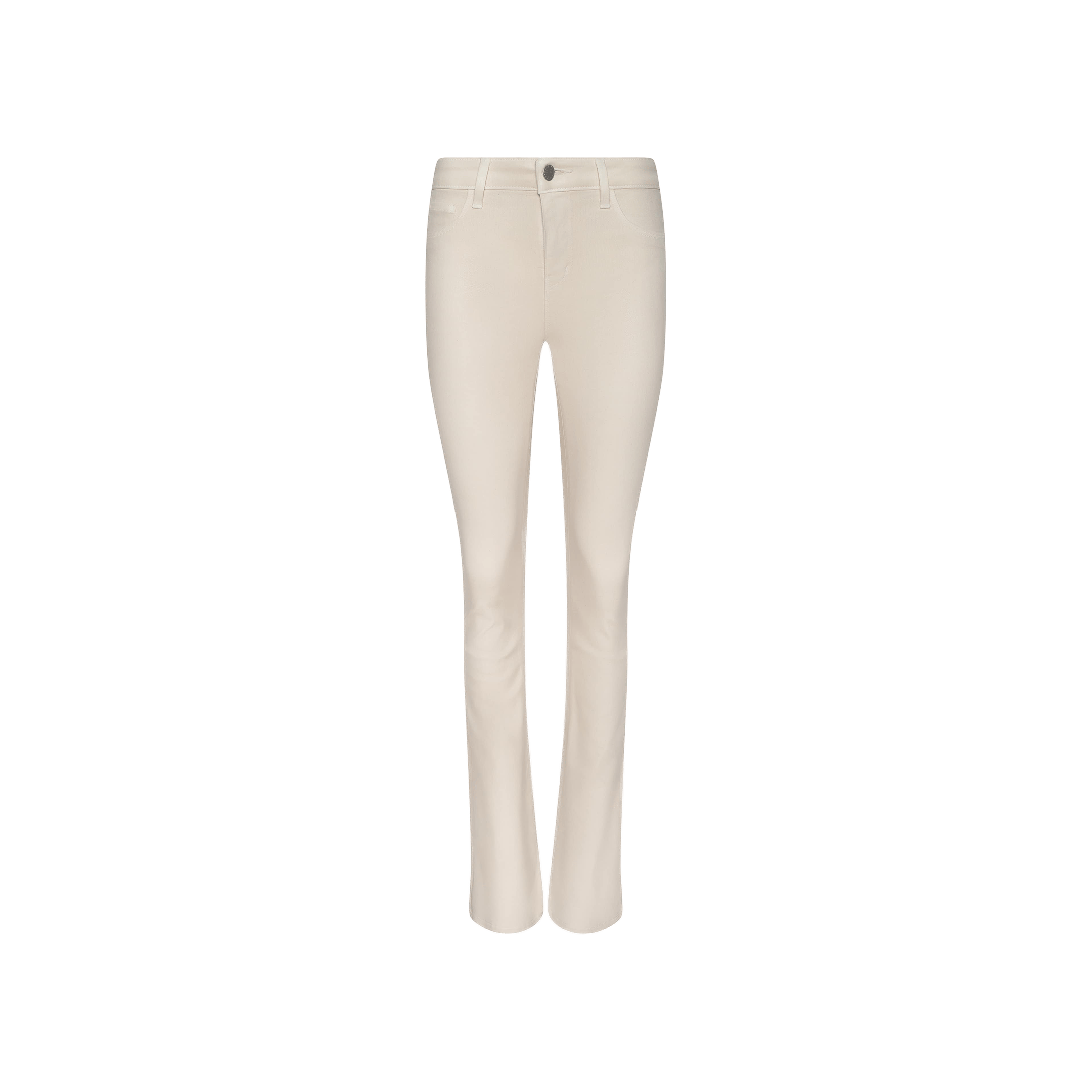 A pair of Selma Coated Bootcut Jeans in off-white, featuring a leather-look finish and straight-leg silhouette, displayed on a plain white background.