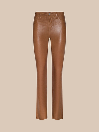 Selma Coated Bootcut Jean in shiny dark java brown, featuring a bootcut silhouette, front zipper and button closure, and classic five-pocket styling, displayed on a beige background.