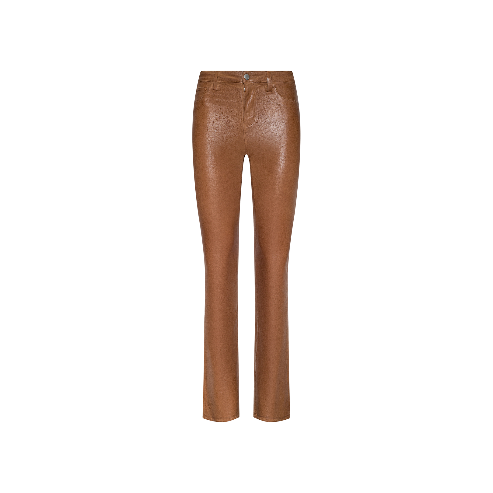 Selma Coated Bootcut Jean in a dark java brown shade, crafted from coated denim with a high-waisted fit, bootcut leg, button and zipper closure, and front and back pockets, displayed on a plain white background.