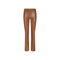 Selma Coated Bootcut Jean in dark java brown faux leather, featuring a high waist, bootcut silhouette, front pockets, and button closure, displayed against a plain white background.