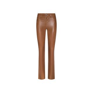 Selma Coated Bootcut Jean in a dark java brown shade, crafted from coated denim with a high-waisted fit, bootcut leg, button and zipper closure, and front and back pockets, displayed on a plain white background.