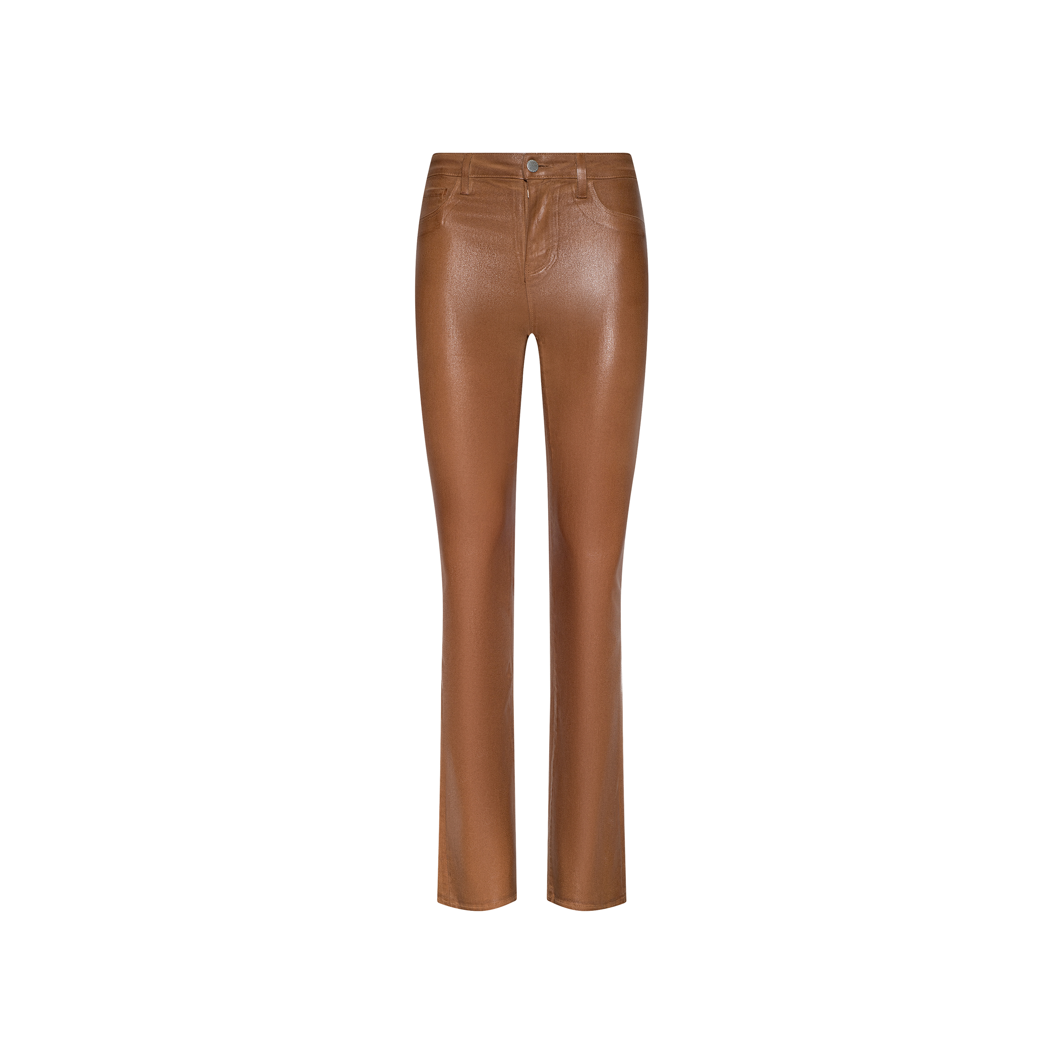 Selma Coated Bootcut Jean in dark java brown faux leather, featuring a high waist, bootcut silhouette, front pockets, and button closure, displayed against a plain white background.