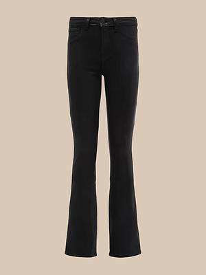 Selma Coated Bootcut Jean in black features a high-rise fit, front and back pockets, belt loops, and a button closure, shown against a plain beige background.