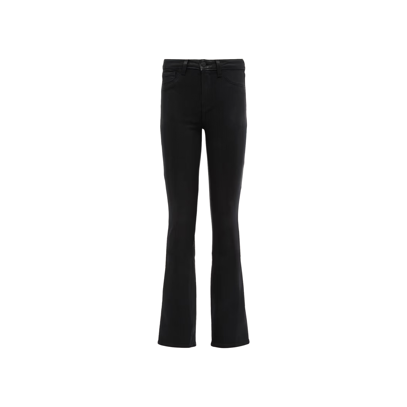 Selma Coated Bootcut Jean in black, shown from the front against a plain white background, featuring high-rise waist, pockets, a button closure, and the signature bootcut hem.