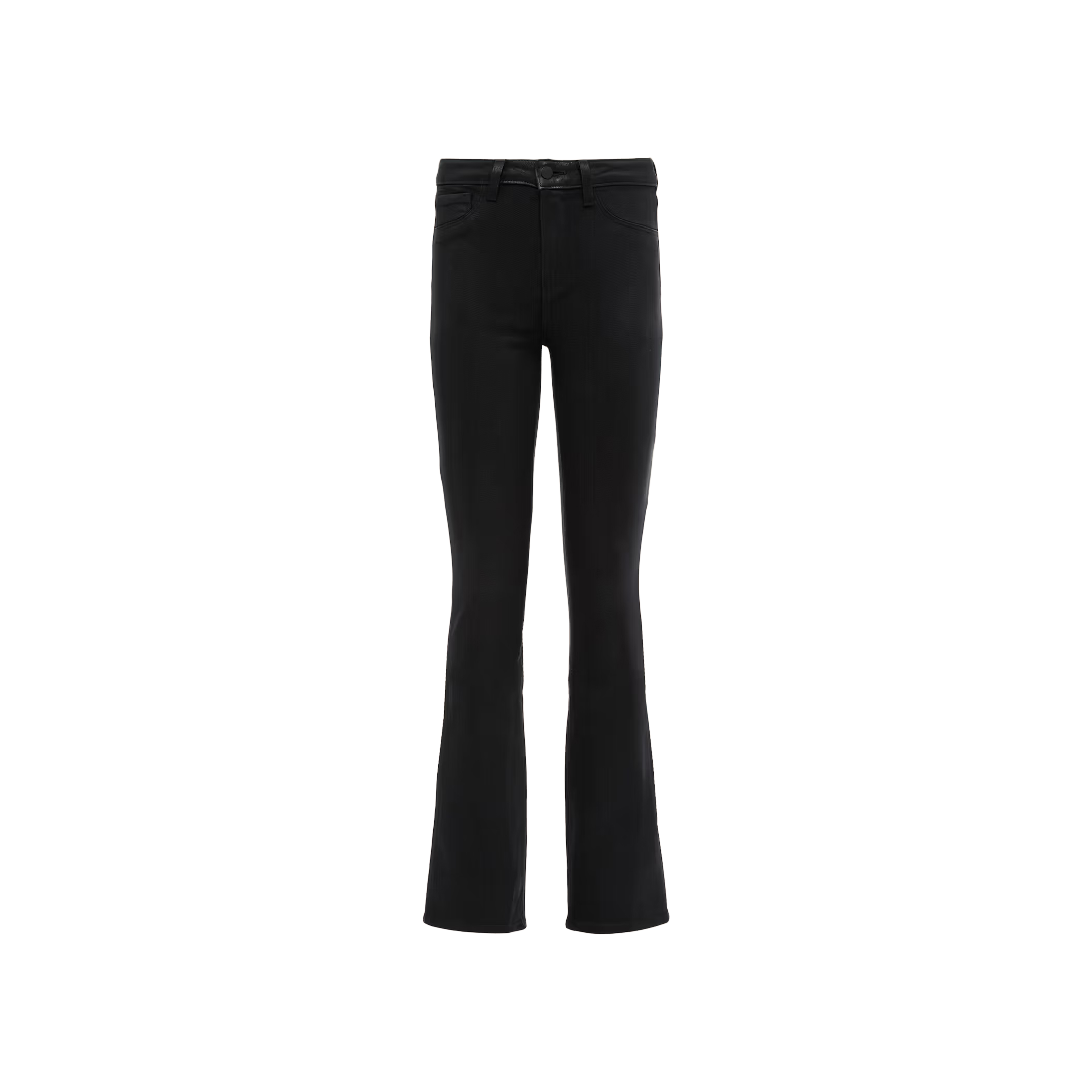 Selma Coated Bootcut Jean displayed on a white background, showing the front view with a fitted waist, pockets, and a slight bootcut hem at the bottom of each leg.