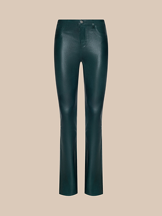 Selma Coated Bootcut Jean in dark green features a shiny coated finish, a fitted waist with front button and zip closure, and bootcut legs, displayed against a plain beige background.