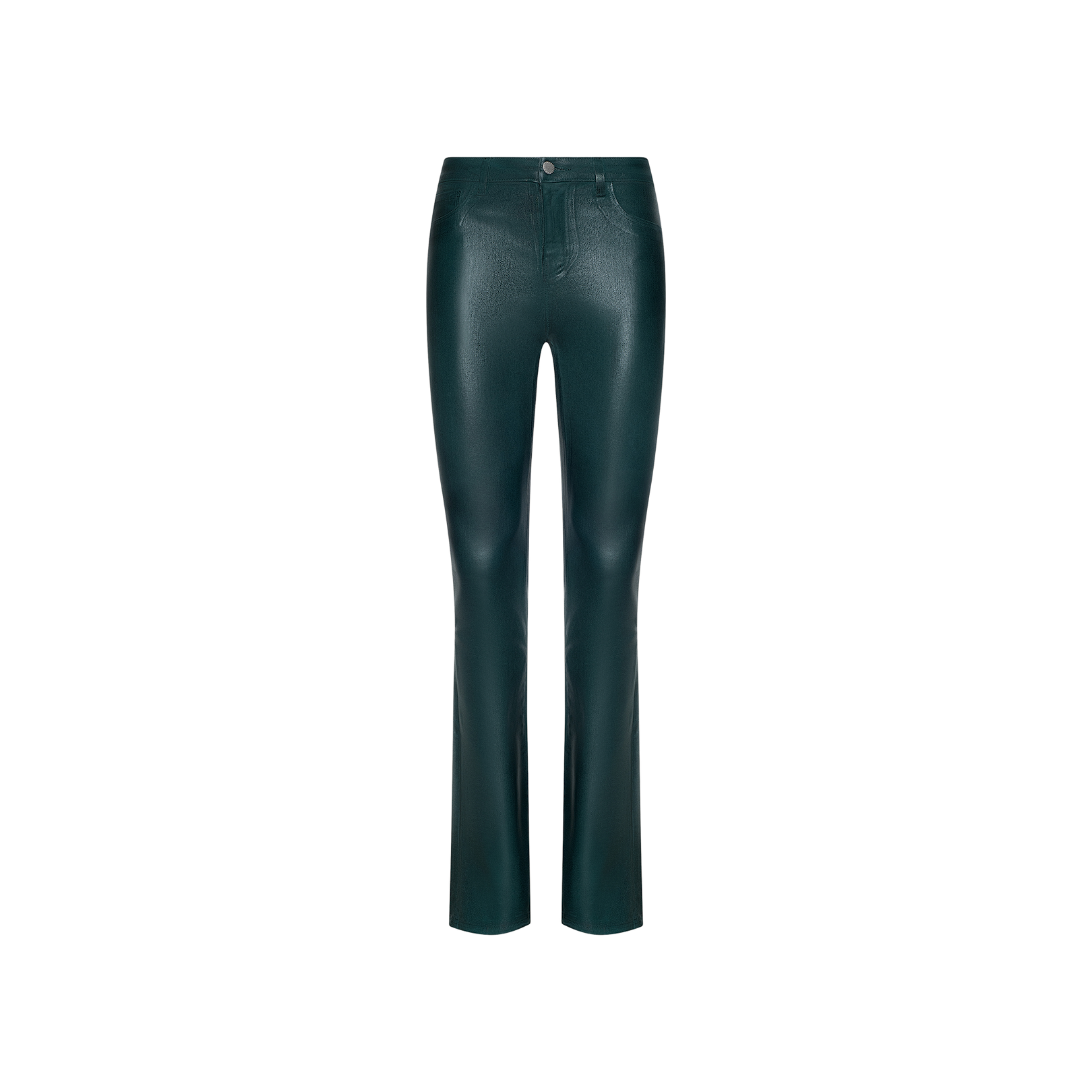 Selma Coated Bootcut Jean in dark green, featuring a high waist and straight-leg silhouette crafted from shiny coated denim, displayed against a plain white background.