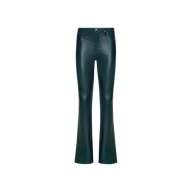 Selma Coated Bootcut Jean in dark green faux leather, featuring a straight-leg bootcut silhouette with front button and zipper closure, styled against a plain white background.