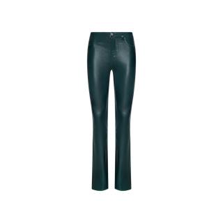 Selma Coated Bootcut Jean in dark green, featuring a high waist and straight-leg silhouette crafted from shiny coated denim, displayed against a plain white background.