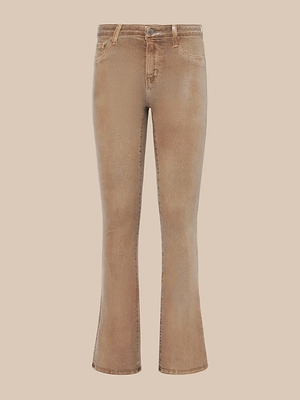 The Selma Coated Bootcut Jean is a brown, high-rise baby bootcut style featuring front and back pockets, belt loops, and a button closure, shown against a beige backdrop.