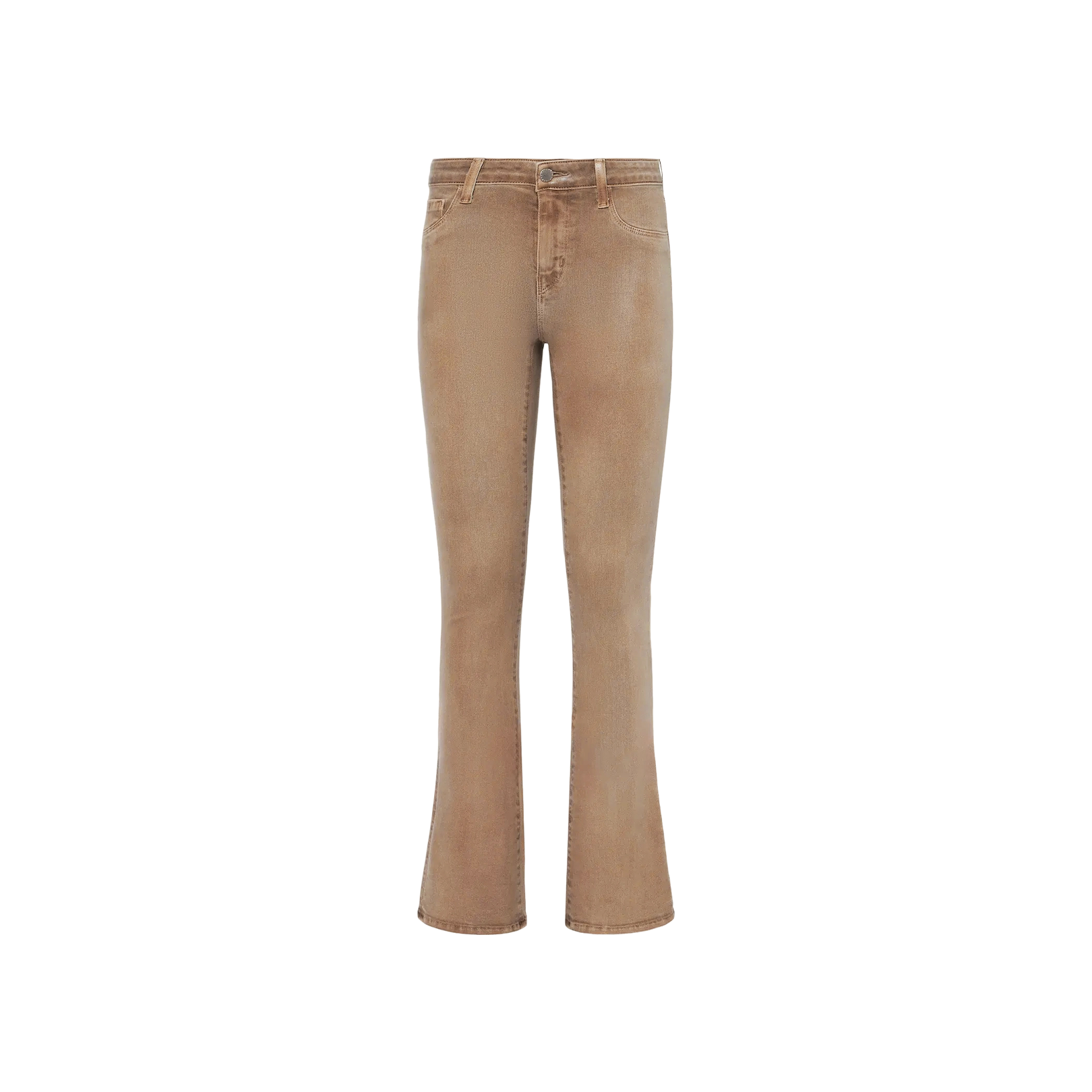 Selma Coated Bootcut Jean displayed on a white background, front view. Crafted in coated denim for a sleek leather-look finish, these high-waisted bootcut jeans feature a classic five-pocket design with button and zipper closure.