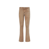 Selma Coated Bootcut Jean in tan, showcased against a plain white background. Made from coated denim, this high-rise style features front pockets, belt loops, and a button-and-zipper closure.