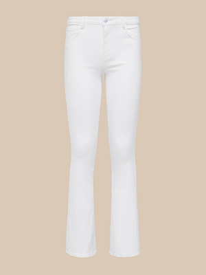 The Selma Bootcut Jean is a high-rise, slim bootcut white stretch denim with a slight flare, five pockets, and button-zip closure, shown against a plain beige background.