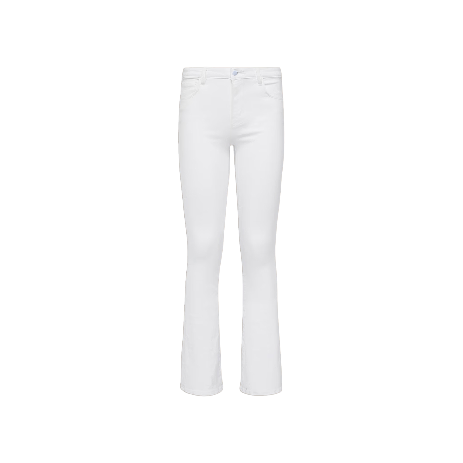The Selma Bootcut Jean is shown from the front on a plain white background, featuring visible pockets, belt loops, and a button closure. Crafted from stretch denim, these jeans offer a contoured waistband for enhanced comfort and a flattering bootcut silhouette.