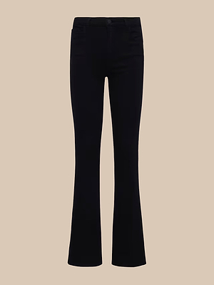 The Selma Bootcut Jean is a pair of black, super stretch high-rise jeans with a slim fit and slight flare at the hem, shown against a plain beige background.