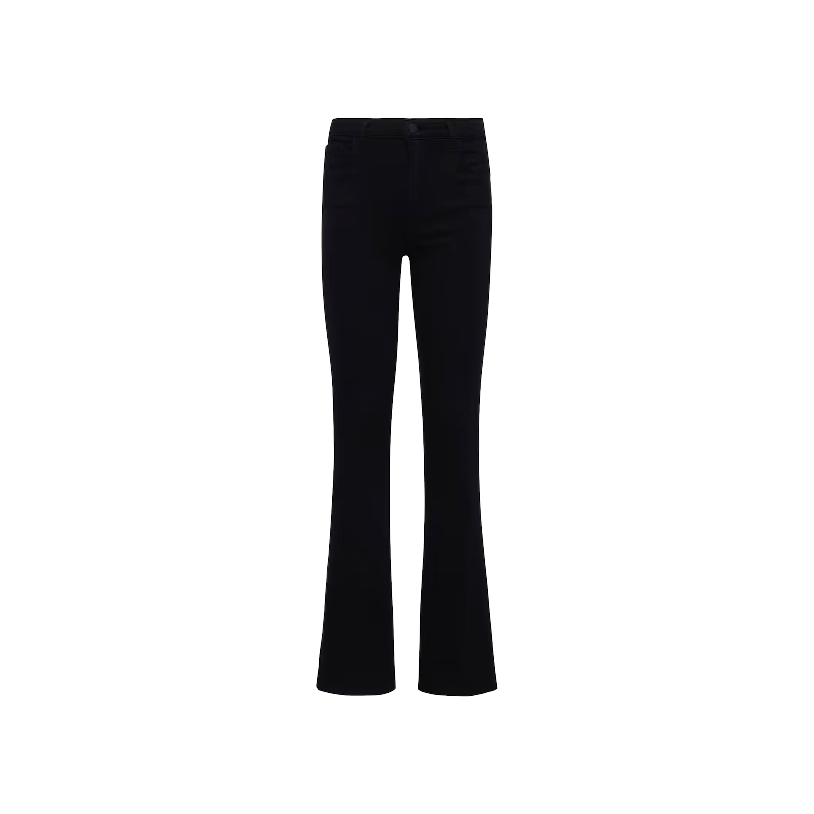 A pair of Selma Bootcut Jeans in true black, featuring a high-rise fit and crafted from super stretch denim, displayed on a white background.