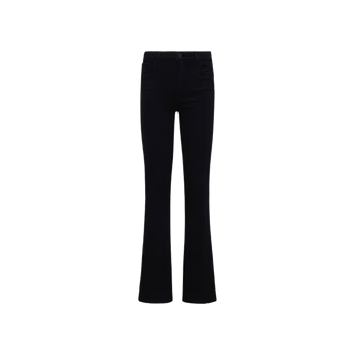 A pair of Selma Bootcut Jeans in true black, featuring a high-rise fit and crafted from super stretch denim, displayed on a white background.