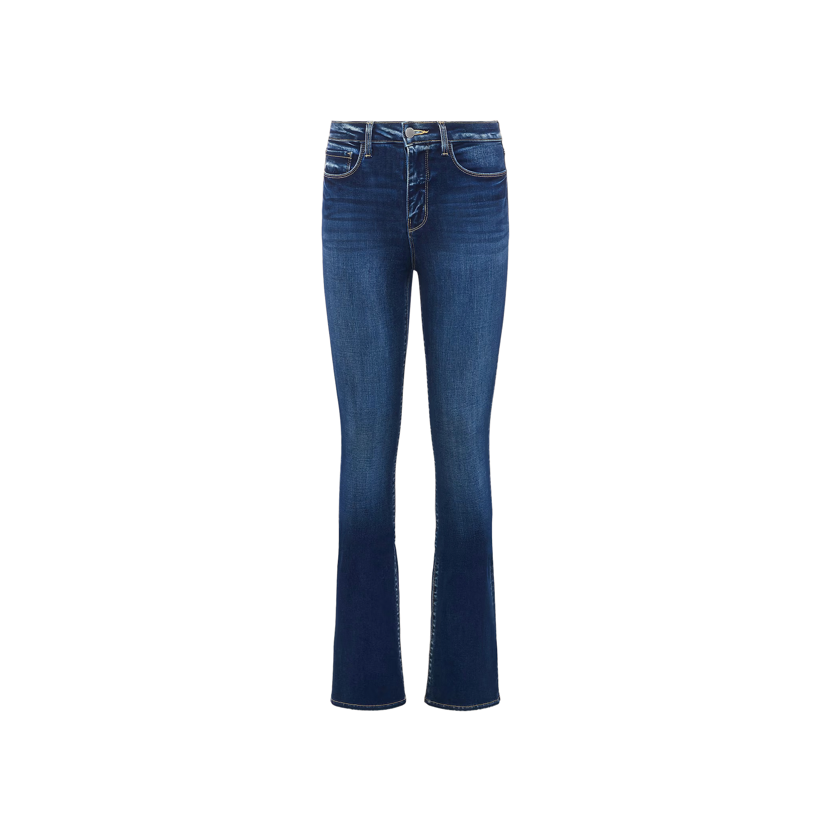 The Selma Bootcut Jean is a pair of blue high-rise jeans crafted from stretch denim, showcasing subtle fading on the thighs, front pockets, and a button closure, displayed against a plain white background.